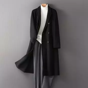 100% шерстяное пальто мужское длинное выше колена с двухсторонним шерстяным воротником повседневная куртка шерстяное пальто L чёрный