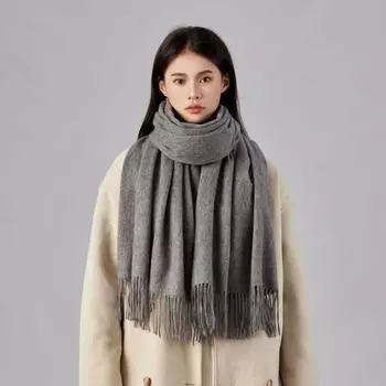 100% шерстяной шарф женский премиум зимний теплый платок большой размер стильный и простой 200 * 70cm (including beard) large shawl светло-коричневого