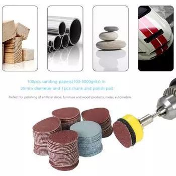 100 шт., 1-дюймовый шлифовальный диск + 1/8-дюймовая шлифовальная машина с хвостовиком, наждачная бумага, шлифовальная подушечка для полировки