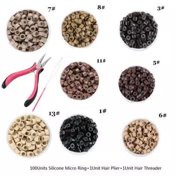 100 шт 5.0 мм микрокольца силиконовые микрокольца звенья бусины для наращивания волос + 1 щипцы для наращивания волос + 1 нитевая насадка для волос