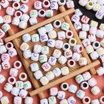 100 шт. 8*9 мм акриловый цилиндр ручной работы с большим отверстием, бусины с алфавитом, материал «сделай сам», аксессуары для изготовления ювелирных изделий, буквы для браслета, ожерелья, подвески White Colorful