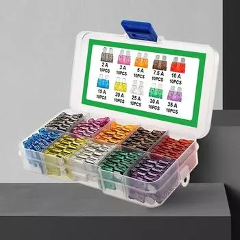 100 шт. автомобильных предохранителей 2A 3A 5A 7.5A 10A 15A 20A 25A 30A 35A смешанный комплект с коробкой ассортимент автоматический набор предохранителей лезвийного типа для грузовиков автоматический предохранитель