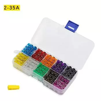 100 шт. автомобильных предохранителей, маленькие мини-автопредохранители 2A, 3A, 5A, 7,5A, 10A, 15A, 20A, 25A, 30A, 35A, ассортимент AMP в коробке для хранения, средние предохранители