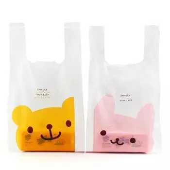100 шт., белые пакеты с ручками толщиной 0,05 мм, милый рисунок мультяшного кота, пластиковый пакет для упаковки напитков на вынос, небольшой пакет для ювелирных изделий 10x32x7cm