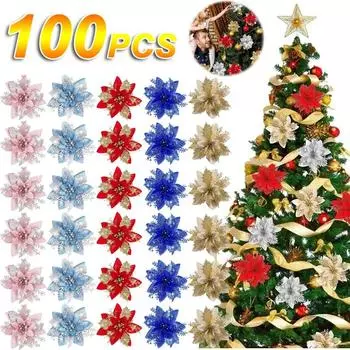 100 шт. блестящие искусственные рождественские цветы Mreey украшения для рождественской елки Счастливого Нового года украшения рождественские искусственные цветы наталь 10PCS-1SET золотой