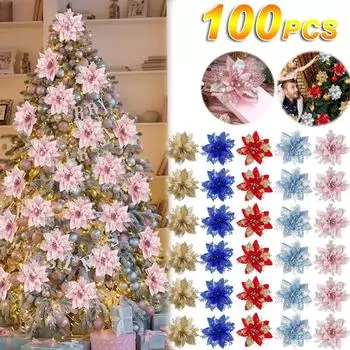 100 шт. блестящие рождественские цветы елка 14 см искусственные цветочные украшения 2025 веселое рождественское украшение для дома новый год 10PCS-1SET золотой