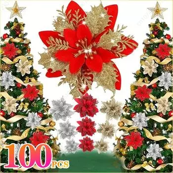 100 шт. блестящие рождественские цветы украшения для рождественской елки рождественские венки украшения цветы рождественские украшения принадлежности 10PCS золотой