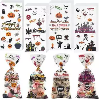 100 шт. целлофановых пакетов на Хэллоуин, прозрачный целлофановый пакет, подарочные пакеты для сладких конфет с завязками для вечеринки на Хэллоуин SET A Mixed 100Pcs
