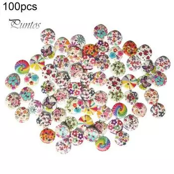 100 шт., деревянные пуговицы с цветочным принтом, 2 отверстия, скрапбукинг, одежда, шитье, поделки своими руками разноцветный