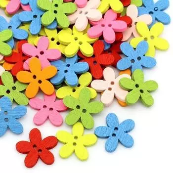 100 шт. деревянных декоративных пуговиц с 2 отверстиями в виде разноцветных цветов, подходящих для шитья, для творчества и рукоделия, многоцветные, 14x15 мм
