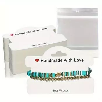 100 шт. Карточки для демонстрации браслетов с 100 шт. прозрачных пакетов, ручная работа с любовью, подвесные ювелирные карточки, бирки, браслет, бизнес по продаже ожерелий, сережек 100pcs cards +100pcs bags белый