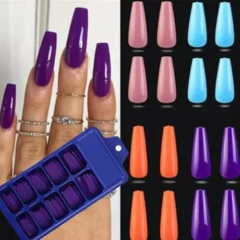 100 шт./компл. наклейки для накладных ногтей, полное покрытие, длинный гроб, искусственный маникюр синий