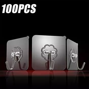 100 шт./компл. Прозрачные самоклеящиеся крючки из нержавеющей стали для ванной комнаты, хранения полотенец, одежды, липкий крючок, подвеска для ключей, хранение 100pcs прозрачный