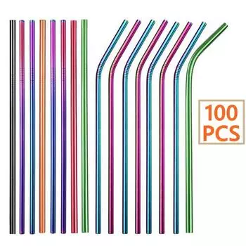 100 шт. металлических соломинок для питья, многоразовых, из нержавеющей стали 304, соломинка прямой, изогнутой формы, экологически чистая, для вечеринок, аксессуар для бара