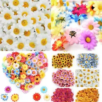 100 шт., мини искусственные головки ромашки, шелковые розы, головка подсолнухов для поделок, свадебные заколки для волос, вечерние, садовый декор жёлтый