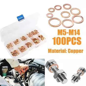 100 шт., набор прокладок с медной шайбой, гайка и болт, набор плоских кольцевых уплотнений с коробкой для пробок поддона