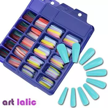 100 шт., накладные ногти, длинный гроб, французский, ярких цветов, полное покрытие, накладные ногти, УФ-гель, акриловый тренировочный маникюр