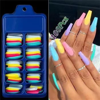 100 шт., накладные ногти ярких цветов, искусственные накладные ногти, Arcylic, накладной пресс на ногтях, длинная капсула в виде гроба