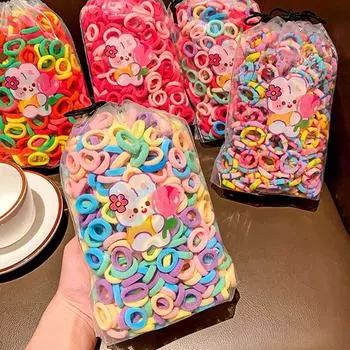 100 шт./пакет, милые однотонные эластичные резинки для волос ярких цветов для девочек, детские милые резинки для волос, детские аксессуары для волос 100 pcs with a bag