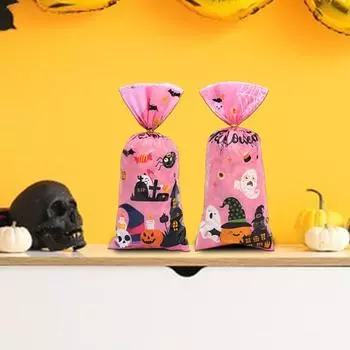 100 шт., пакеты для сладостей на Хэллоуин, пластиковые пакеты для сладостей, пищевые, изысканный узор, прозрачный