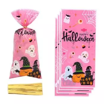 100 шт., пакеты для сладостей на Хэллоуин, пластиковые пакеты для сладостей, пищевые, изысканный узор, прозрачные пакеты для сладостей