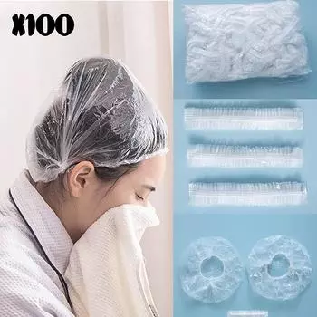 100 шт. Пластиковые водонепроницаемые прозрачные шапочки для волос, шапочки для душа, многоцелевые, утолщающие, эластичные, для ванны, для домашнего салона, портативного использования