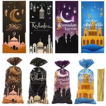 100 шт. подарочные карманные пакеты Eid Mubarak Castle Moon, пластиковые пакеты для конфет и печенья, подарочные пакеты Eid Mubarak, пластиковые пакеты OPP для конфет и печенья 12.5x27.5cm