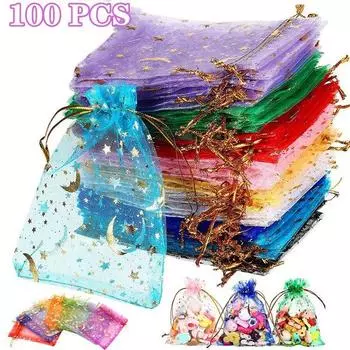 100 шт., прозрачная сумка из органзы на шнурке с луной и звездой, подарочная сумка для свадебной вечеринки, дня Святого Валентина, Рождественская сумка для конфет 100pcs чёрный