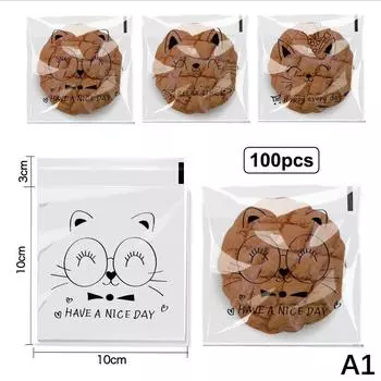 100 шт. Прозрачные самоклеящиеся пакеты для конфет и подарков, милые животные (кролик, кошка, медведь), для хлеба, тостов, печенья, выпечки, упаковочные пакеты, принадлежности