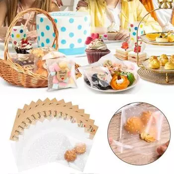 100 шт. прозрачных самозапечатывающихся целлофановых пакетов для печенья с 120 шт. наклеек со словами благодарности, многоразовые пакеты для сладостей, десертов, выпечки Sets