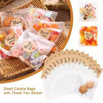 100 шт. прозрачных самозапечатывающихся целлофановых пакетов для печенья с 120 шт. наклеек со словами благодарности, многоразовые пакеты для сладостей, десертов, выпечки Sets