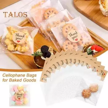 100 шт. прозрачных самозапечатывающихся целлофановых пакетов для печенья с 120 шт. наклеек со словами благодарности, многоразовые пакеты для сладостей, десертов, выпечки Sets