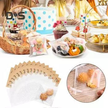 100 шт. прозрачных самозапечатывающихся целлофановых пакетов для печенья с 120 шт. наклеек со словами благодарности, многоразовые пакеты для сладостей, десертов, выпечки Sets