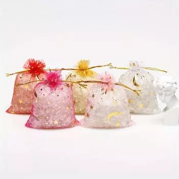 100 шт., прозрачный газовый элемент из органзы со звездами и луной, сумки для украшений, тюль, свадебные подарочные пакеты, органза, подарочный пакет золотистый