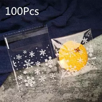 100 шт., прозрачный мешок для конфет со снежинками, товары для свадебной вечеринки, подарочный пакет, печенье, закуски, выпечка, матовый самоклеящийся пластиковый пакет 7x7cm