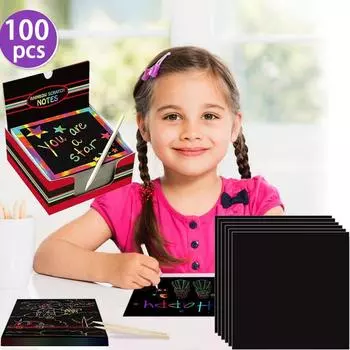 100 шт., радужные мини-заметки, бумажный блокнот, карты с 2 стилусами, 2 трафарета для рисования, детские игрушки для рисования, подарок для рукоделия 100 sheets