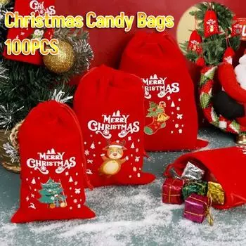 100 шт. рождественские бархатные сумки на шнурке для конфет, печенья, красные сумки для упаковки браслетов, ювелирных изделий, веселые рождественские сумки для хранения 10X12CM
