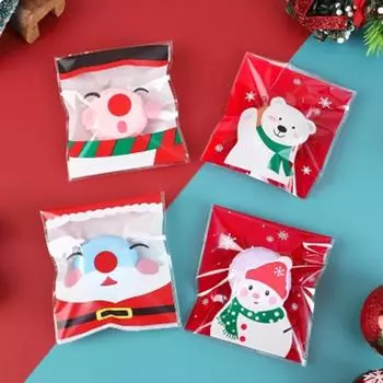 100 шт. Рождественские целлофановые пакеты Праздничные прозрачные пакеты для сладостей Самоклеящиеся пакеты для упаковки печенья Праздничные сувениры для вечеринок One Size