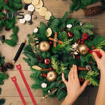 100 шт. рождественские гирлянды, зеленые/красные стяжки для крепления кабеля на липучках, регулируемые нейлоновые стяжки для садовых растений, для венков деревьев, лестниц, перил зелёный