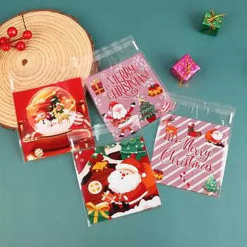 100 шт. Рождественский подарочный пакет, самоклеящийся пакет для упаковки печенья, конфет, новогодний подарок, закуска, выпечка, пластиковый пакет onesize