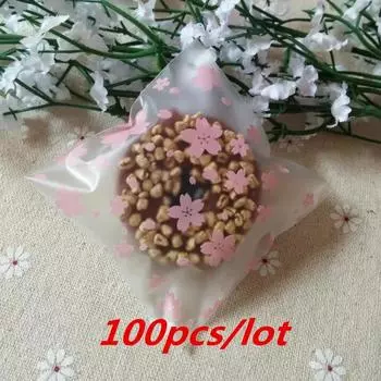 100 шт. Розовые прозрачные мини-самоклеящиеся пакеты Opp с изображением цветущей вишни, сделай сам, пакеты для конфет и тортов светло-желтого