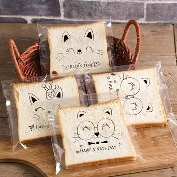 100 шт. самоклеящиеся пакеты для упаковки тостов, мультяшный принт, пакет для сэндвичей, супермаркет mixed cat face