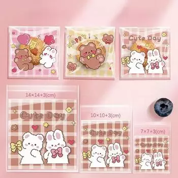 100 шт., симпатичные самозапечатывающиеся пакеты с изображением медведя и кролика, прозрачные милые маленькие мультяшные пакеты из полипропилена, подарочные пакеты для фестиваля 7x7cm