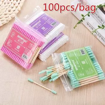 100 шт./упак. ватные палочки с двойной головкой для женщин, ватные палочки для макияжа, деревянные палочки белый