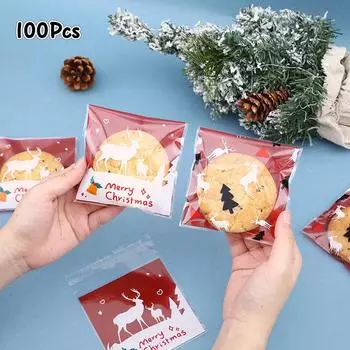 100 шт. Веселого Рождества самоклеящиеся пакеты для упаковки печенья, конфет, закусок, мультяшная рождественская елка, лось, самозапечатывающийся пакет Opp