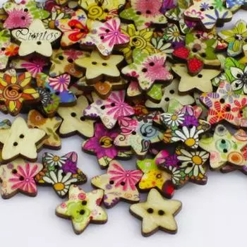 100 шт. винтажная пентаграмма в форме звезды с цветочным принтом, швейные, ремонтные деревянные пуговицы