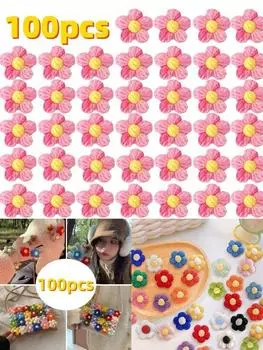 100 шт. вязаные крючком цветы пуховые цветы градиентные цвета вязаные крючком цветы для поделок украшения своими руками повязка на голову шляпа одежда аксессуары 100pcs синий