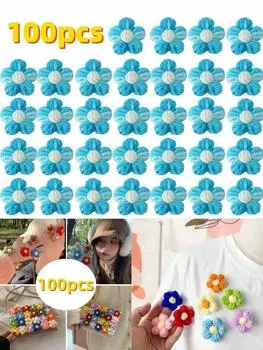 100 шт. вязаные крючком цветы пуховые цветы градиентные цвета вязаные крючком цветы для поделок украшения своими руками повязка на голову шляпа одежда аксессуары 100pcs синий