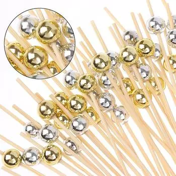 100 шт. золотых бусин бамбуковые палочки для фруктов 12 см фруктовый салат вилка для закусок коктейльный декор торт шведский стол зубочистки свадебные принадлежности для вечеринок