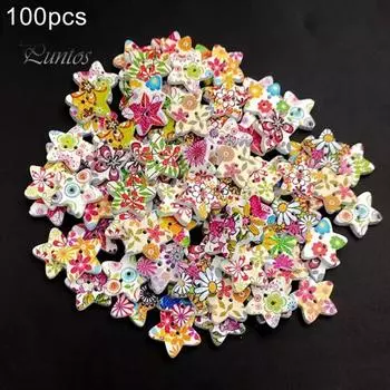 100 шт. Звезды Дизайн 2 отверстия Деревянные кнопки DIY Скрапбукинг Бумага Картон Сумка Швейный инструмент разноцветный